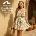 HighPeak Floral Ruffle Mini Dress in cream with pink floral print, ruffled tiers, and a breezy summer look outdoors