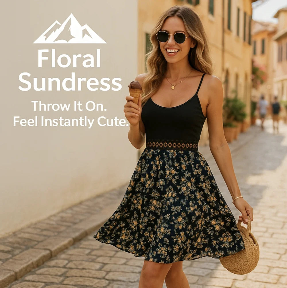 HighPeak Floral Sundress in black with floral print, waist cut-out detail, worn by woman on sunny cobblestone street