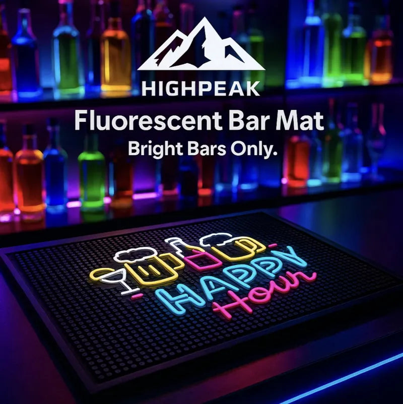 HighPeak Fluorescent Bar Mat with neon Happy Hour design on black rubber, glowing in a vibrant bar setting