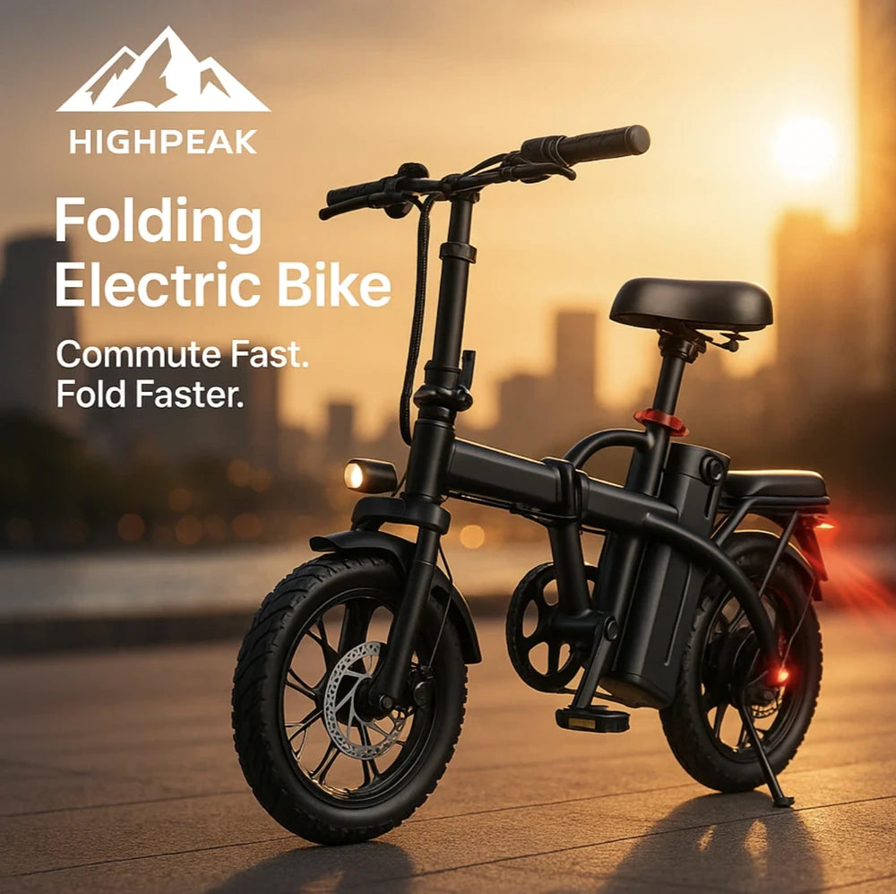 HighPeak Folding Electric Bike in black shown folded on city street at sunset ready for urban commuting.