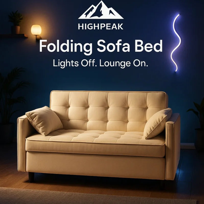 HighPeak Folding Sofa Bed in beige velvet with tufted cushions and pillows in a cozy living room setting