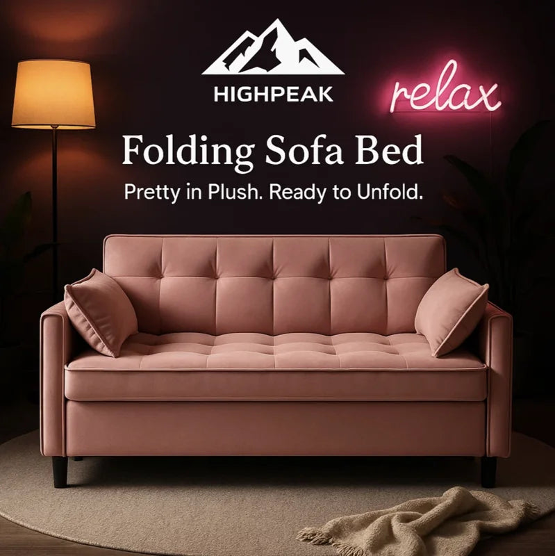 HighPeak Folding Sofa Bed in pink velvet with tufted cushions and two pillows in a cozy living room setting