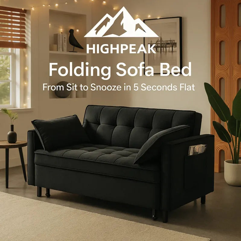 HighPeak Folding Sofa Bed in black velvet with padded arms and side pocket in a modern living room setting