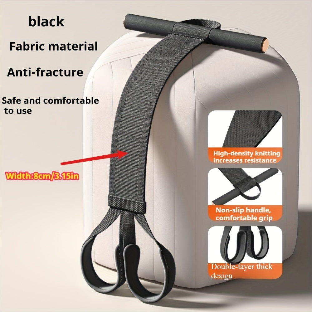 Black Foot Pedal Resistance Trainer draped over a stool with an 8 cm band width diagram and detail insets.