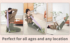 Three photos showing kneeling, seated and lying exercise positions with foot pedal resistance trainers.