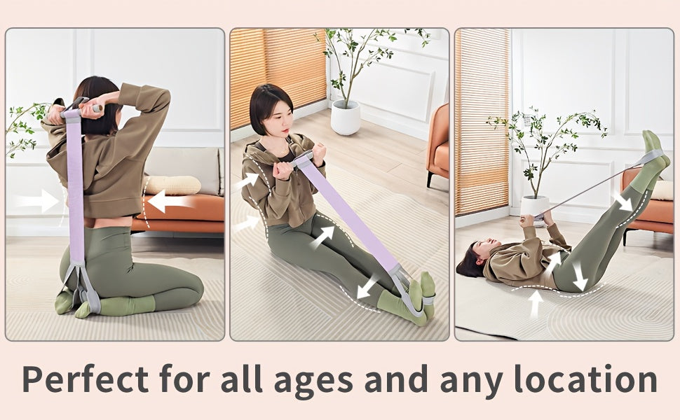 Three photos showing kneeling, seated and lying exercise positions with foot pedal resistance trainers.