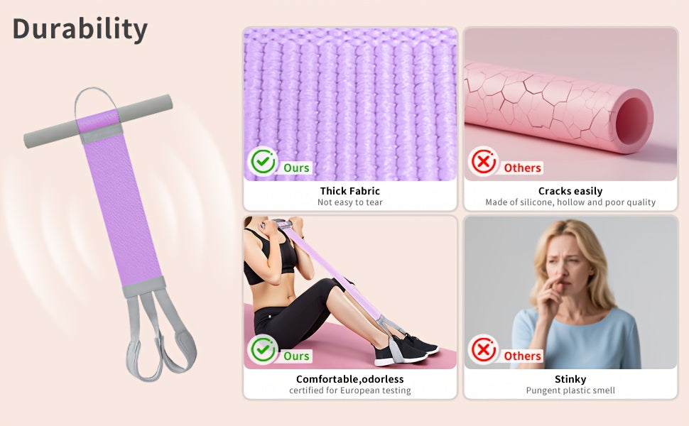 Supplier graphic comparing a purple fabric foot pedal resistance trainer with a latex tube design.