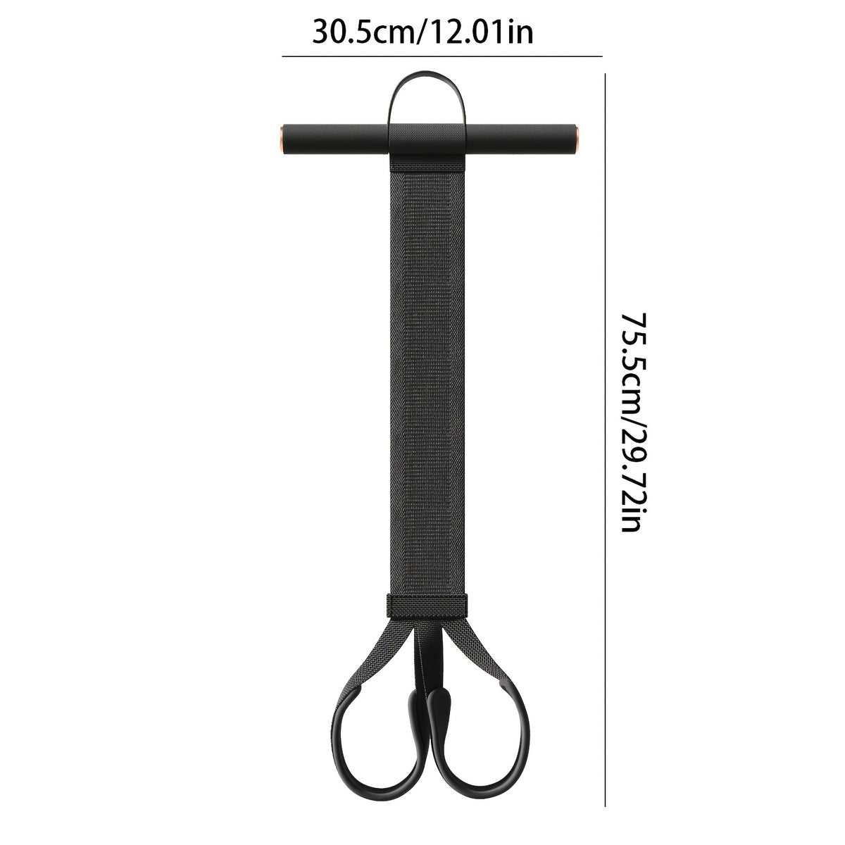 Foot Pedal Resistance Trainer measurement guide showing a 30.5 cm handle width and 75.5 cm length.