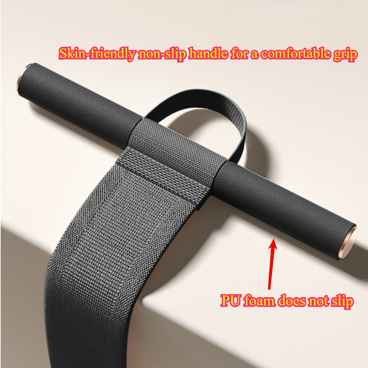 Close-up of the black Foot Pedal Resistance Trainer padded handle resting on a stool.