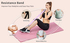 Woman seated on a mat demonstrating a purple foot pedal resistance trainer.