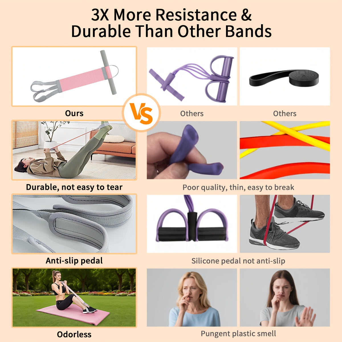 Supplier comparison graphic showing pink, purple and black foot pedal resistance trainers.