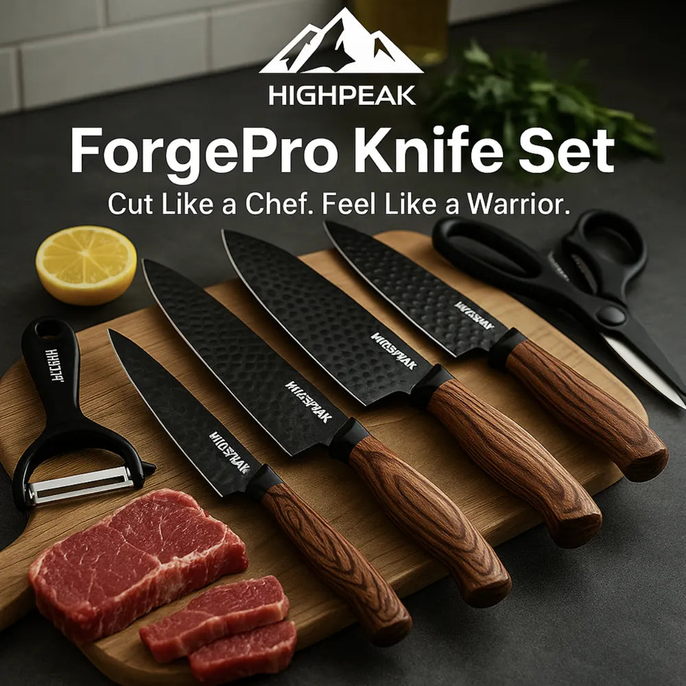 HighPeak ForgePro 6-Piece Knife Set with wood-grain handles, stainless steel blades, peeler, and scissors on cutting board