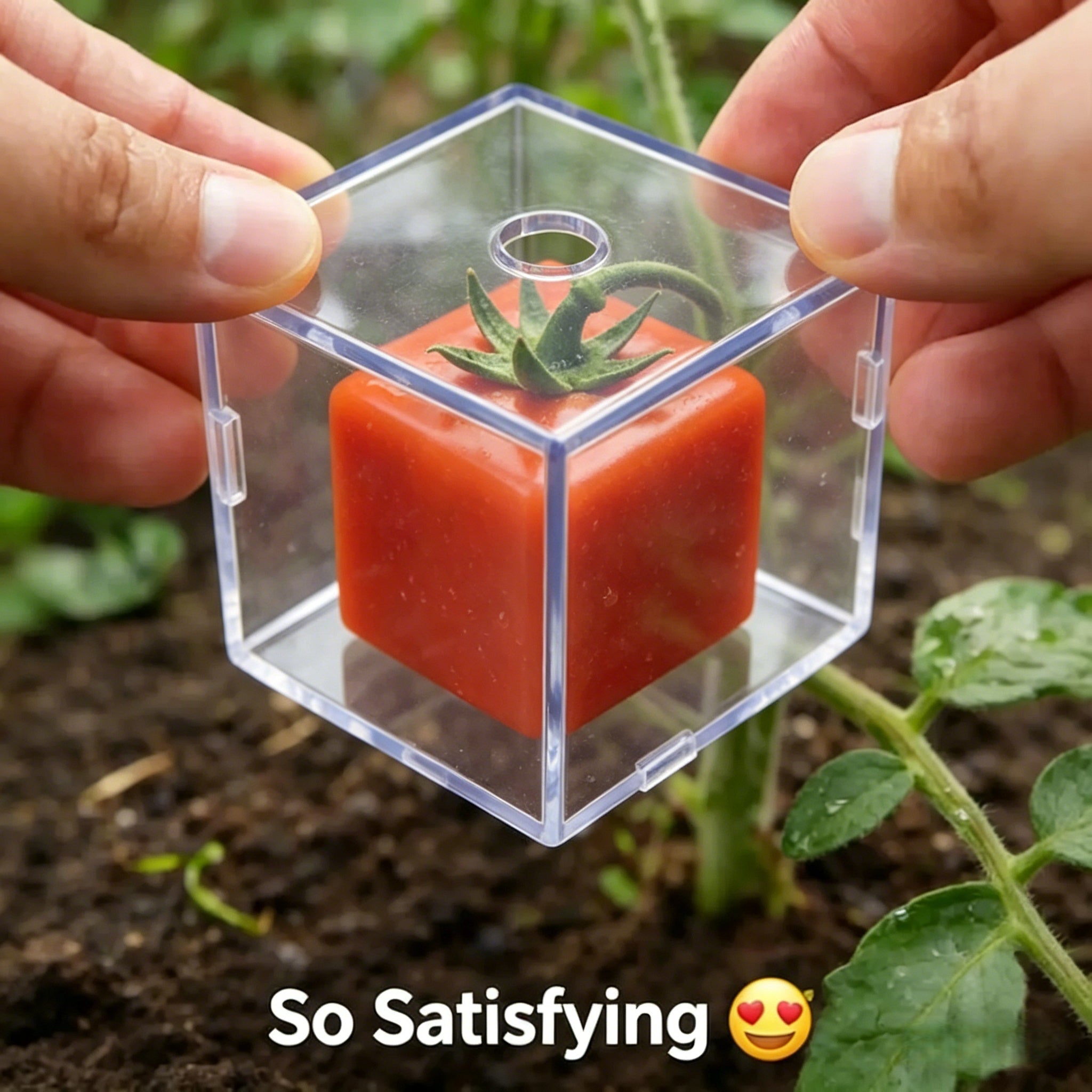 Clear cube fruit shaping mold clipped around a growing tomato