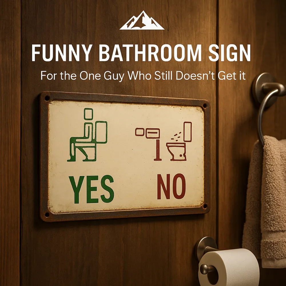 HighPeak Funny Bathroom Metal Sign with vintage style showing clear yes and no graphics on rustic wall near toilet paper holder