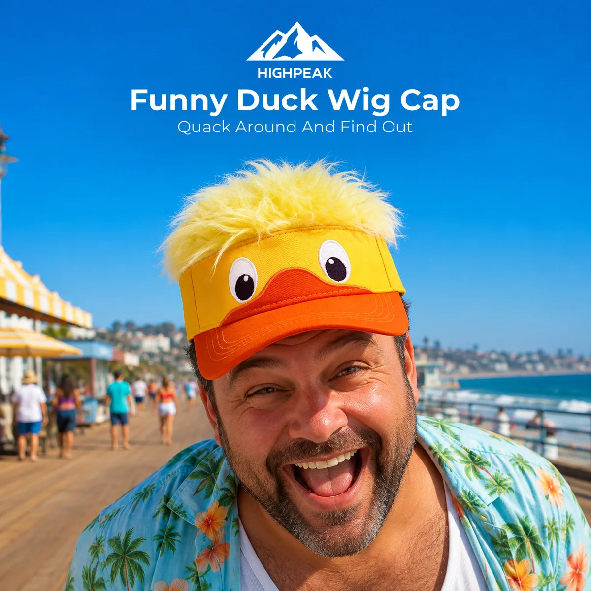 Funny Duck Wig Cap worn by a smiling man on a sunny seaside boardwalk
