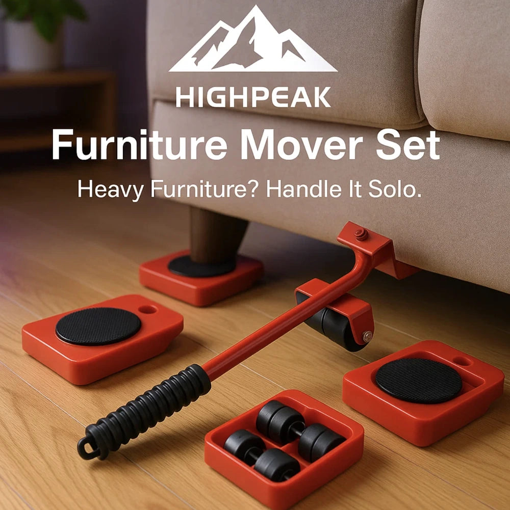 HighPeak Heavy Furniture Mover Set in red with lever and 4 sliders under a beige couch on a wood floor