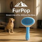 FurPop™ Self Cleaning Pet Brush in blue with ergonomic handle shown on wooden floor near happy dog – HighPeak quality grooming tool