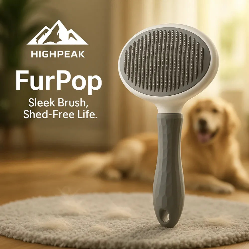 HighPeak FurPop™ self cleaning pet brush with gray soft bristles and ergonomic handle on carpet with dog background