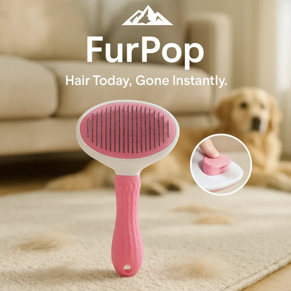 FurPop™ Self Cleaning Pet Brush in pink with ergonomic handle and one-click hair eject, shown on carpet near dog with fur.