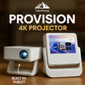 HighPeak FUSION projector with detachable smart tablet display showing streaming apps on wooden surface in bright room