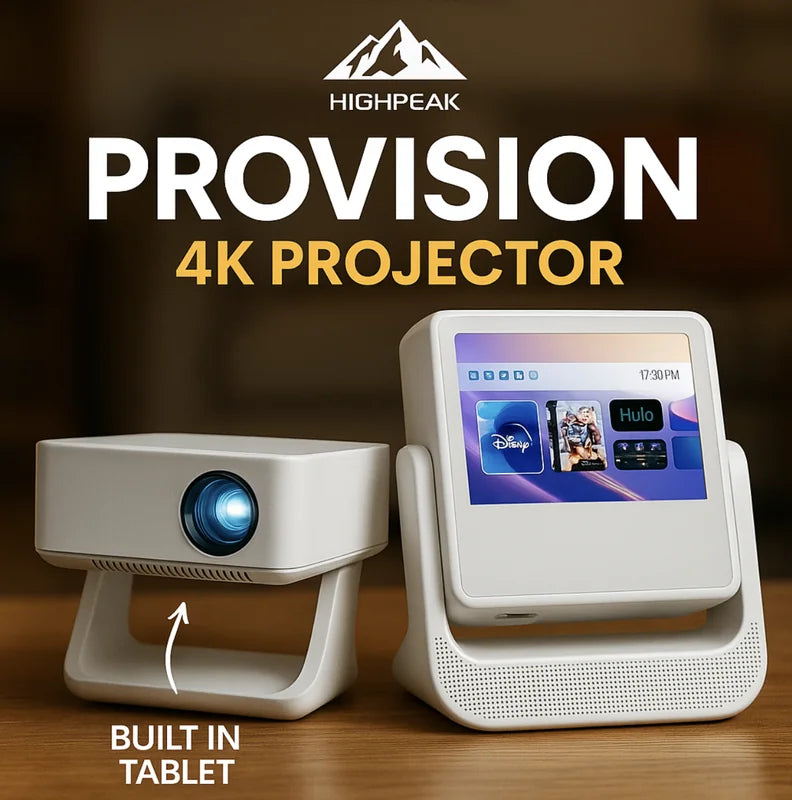HighPeak FUSION projector with detachable smart tablet display showing streaming apps on wooden surface in bright room
