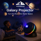 HighPeak Galaxy Projector in black with colorful lights projecting planets and stars in a child's bedroom at night