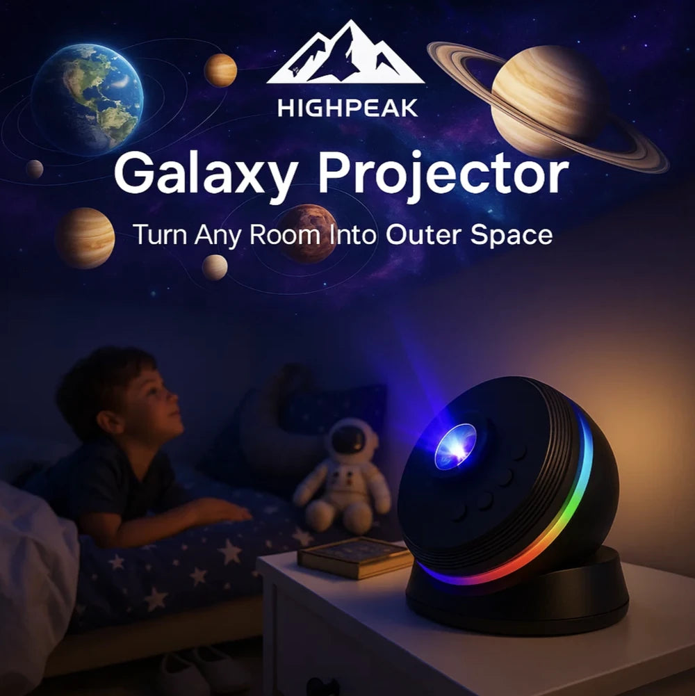 HighPeak Galaxy Projector in black with 360° rotating nebula light in a child's bedroom at night