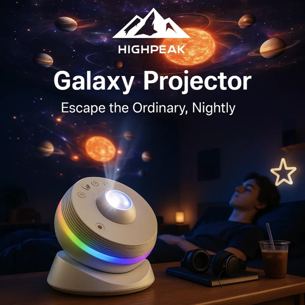 HighPeak Galaxy Projector displaying rotating planets and stars with multicolor lights in a dark cozy room setting.