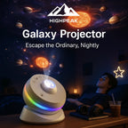 HighPeak Galaxy Projector displaying rotating planets and stars with multicolor lights in a dark cozy room setting.