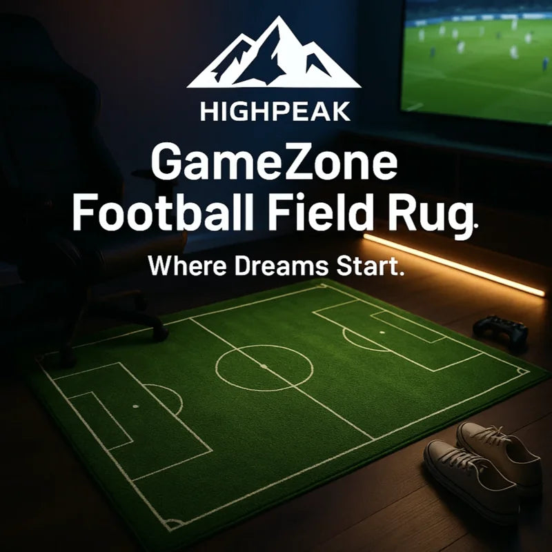 HighPeak GameZone™ Football Field Rug in green with white lines in a gaming room with TV and chair