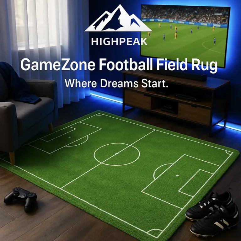 HighPeak GameZone™ Football/Soccer Field Rug in green with soft texture in a modern game room setting