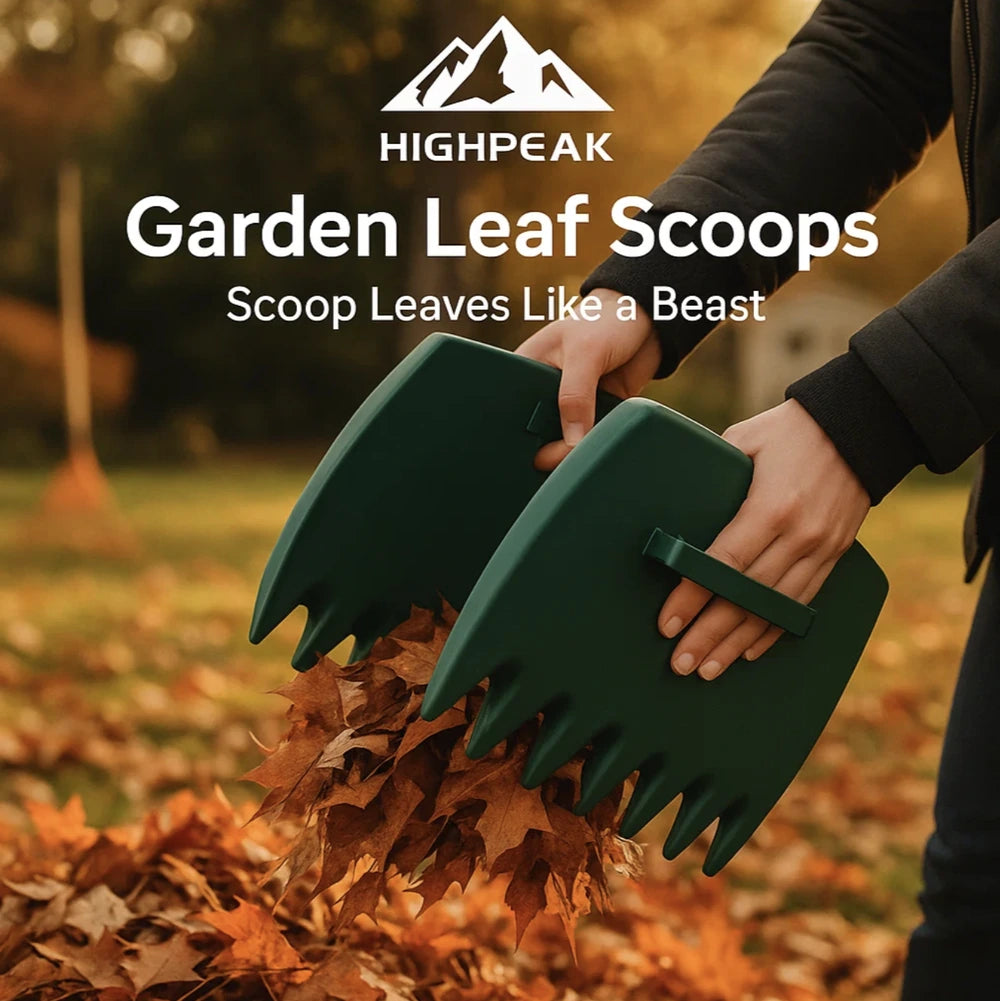 HighPeak Garden Leaf Scoops in dark green with claw-like grips scooping dry autumn leaves outdoors in fall yard cleanup