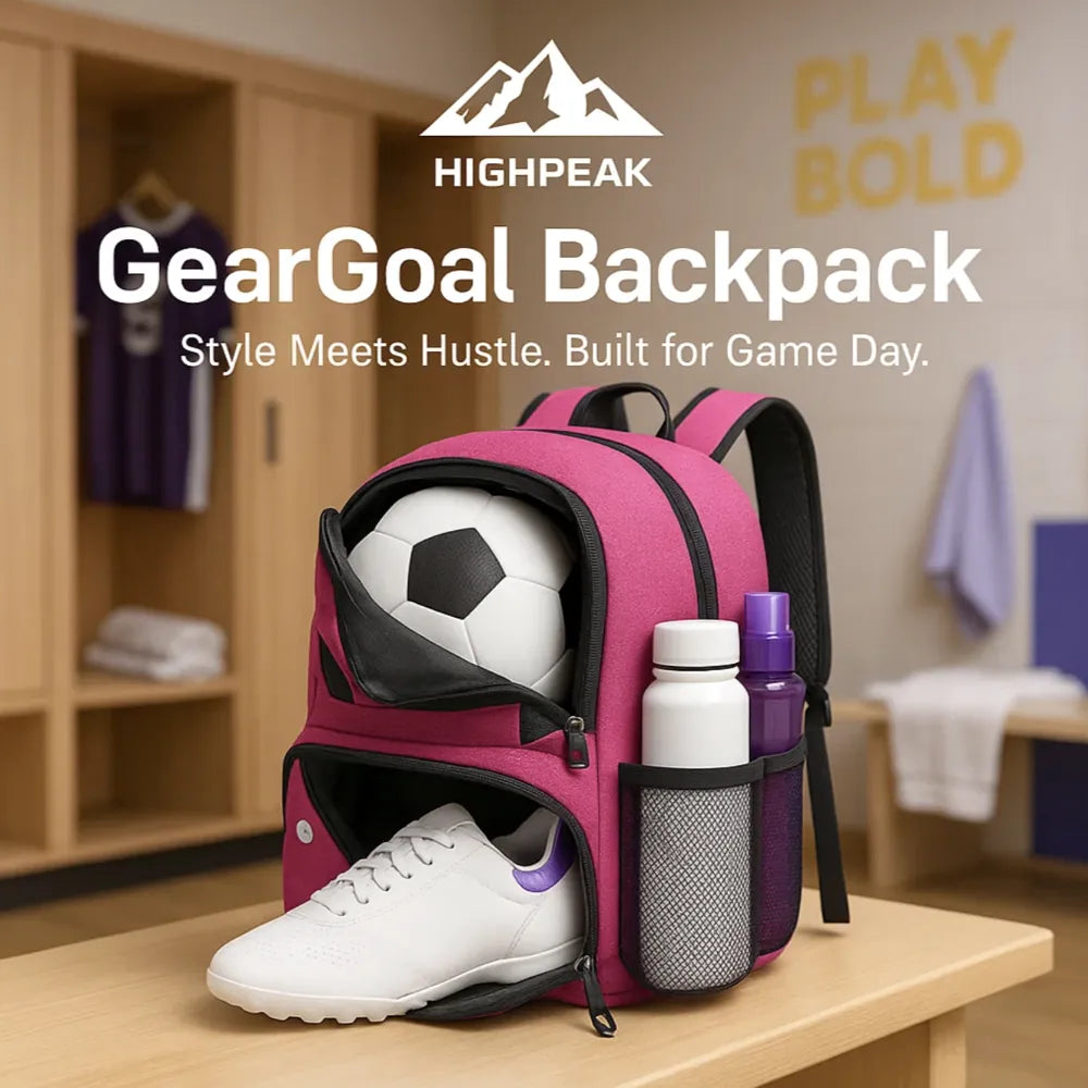 HighPeak GearGoal™ - All Sport Backpack in pink with ball pocket, separate shoe compartment, and side bottle slots on locker room bench