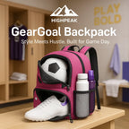 HighPeak GearGoal™ - All Sport Backpack in pink with ball pocket, separate shoe compartment, and side bottle slots on locker room bench