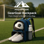 HighPeak GearGoal™ All Sport Backpack in blue with ball pocket, shoe compartment, and bottle holder on soccer field grass
