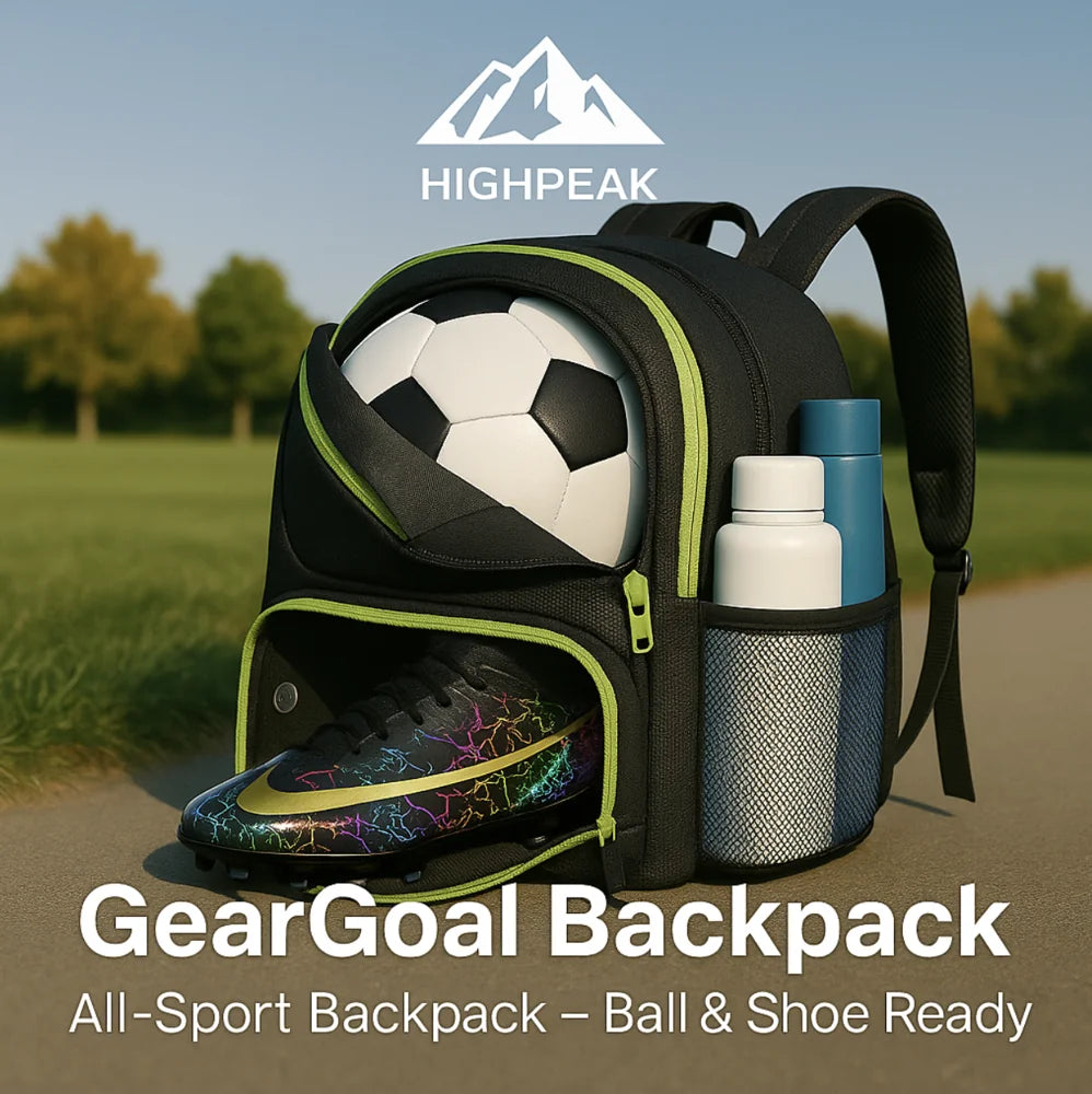 HighPeak GearGoal™ All Sport Backpack in black with green trim holding soccer ball, cleats, and water bottles outdoors