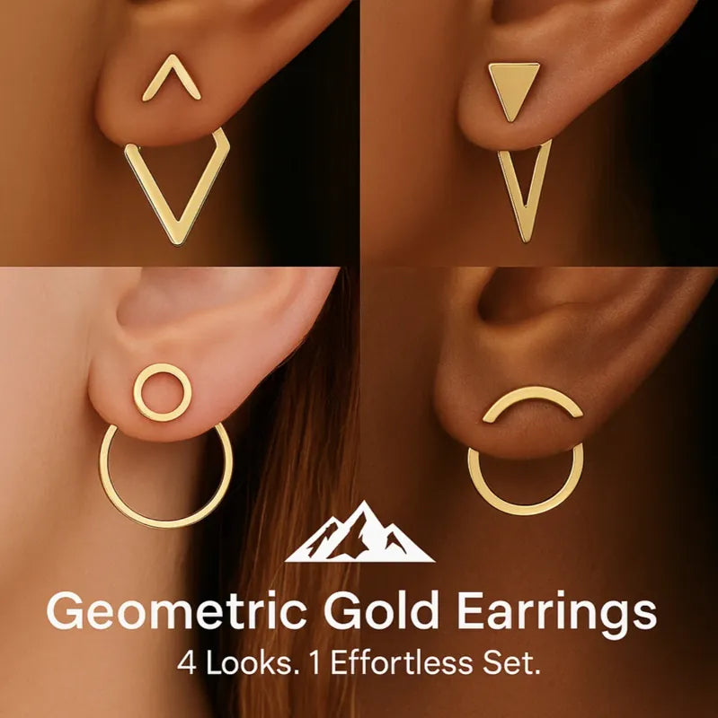 HighPeak Geometric Gold Earrings set showing four gold-plated geometric styles on diverse skin tones in close-up.