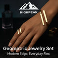 HighPeak Geometric Square Jewelry Set in sleek gold on hand, featuring modern adjustable bracelet and matching ring.
