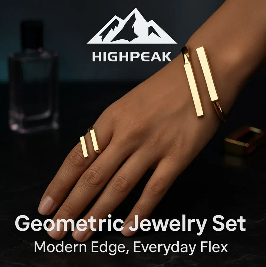 HighPeak Geometric Square Jewelry Set in sleek gold on hand, featuring modern adjustable bracelet and matching ring.