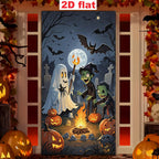 Flat Ghost Campfire Halloween Banner with ghost, zombies and pumpkins displayed on an autumn-decorated doorway