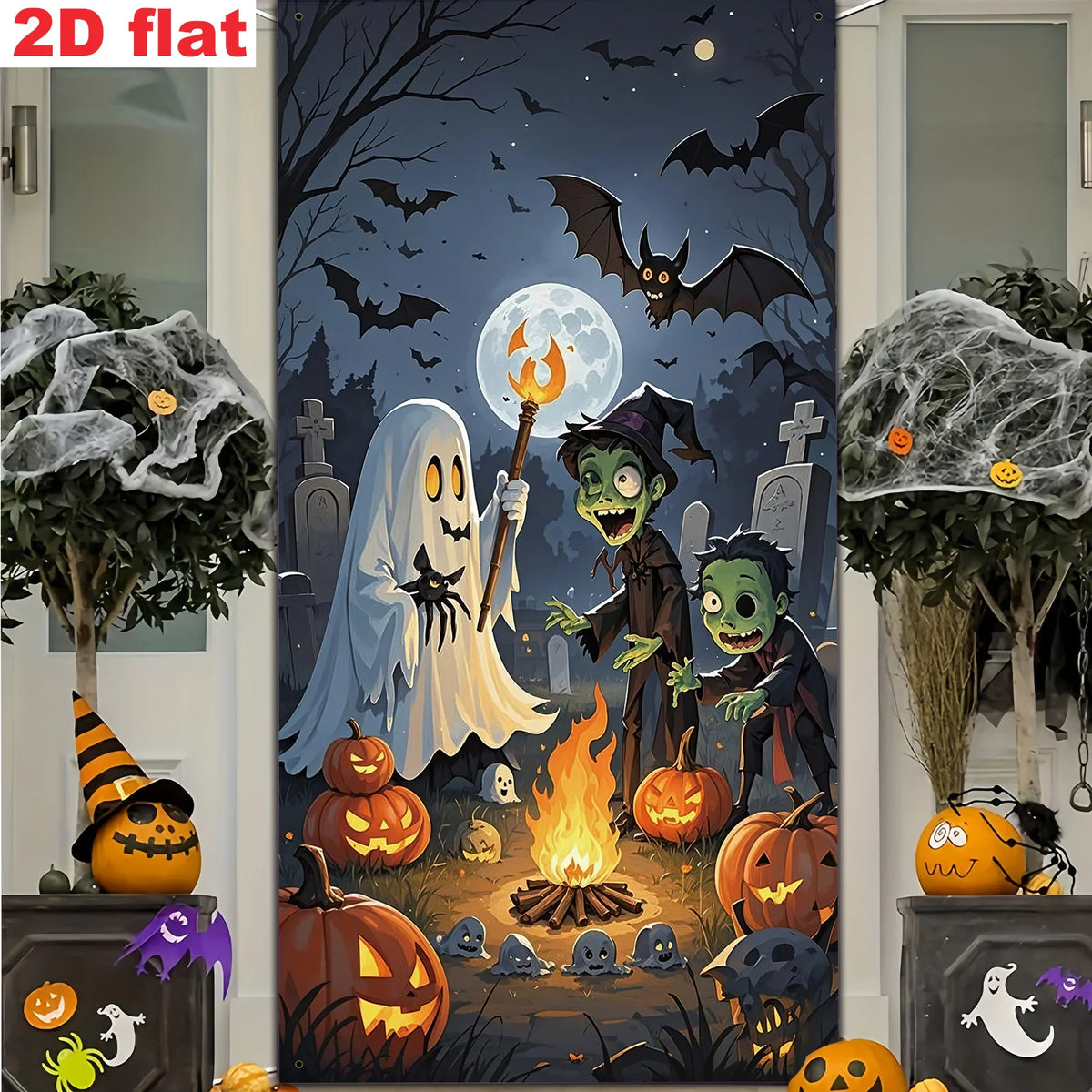 Ghost and zombie campfire banner on a doorway between cobweb-covered topiary plants