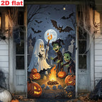 Flat Halloween banner with ghost, zombies and campfire on a weathered doorway framed by cobweb decorations