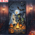 Ghost and zombie campfire banner displayed on a dark doorway between two illuminated lanterns