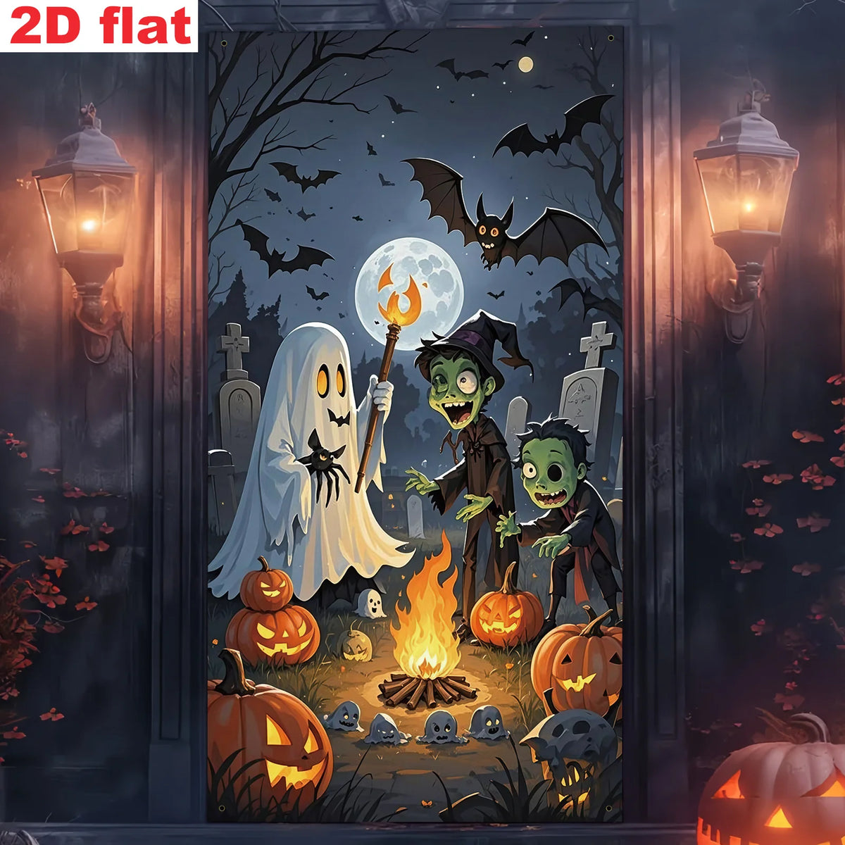 Ghost and zombie campfire banner displayed on a dark doorway between two illuminated lanterns