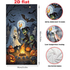 Ghost Campfire Halloween Banner guide showing polyester fabric, metal hanging rings and low-temperature ironing