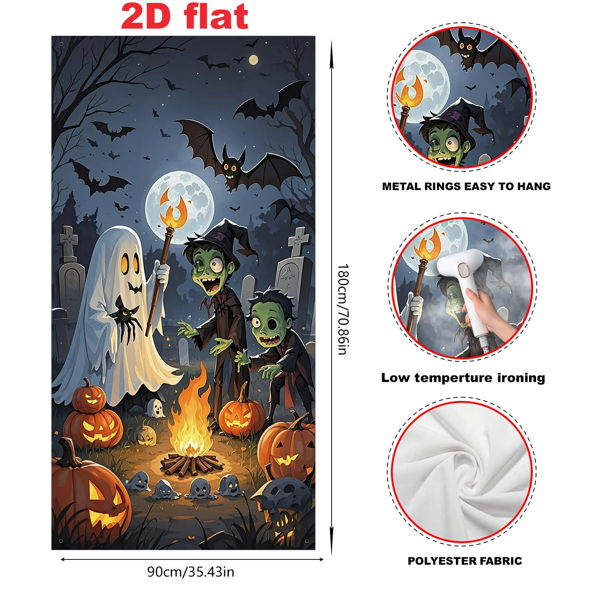 Ghost Campfire Halloween Banner guide showing polyester fabric, metal hanging rings and low-temperature ironing