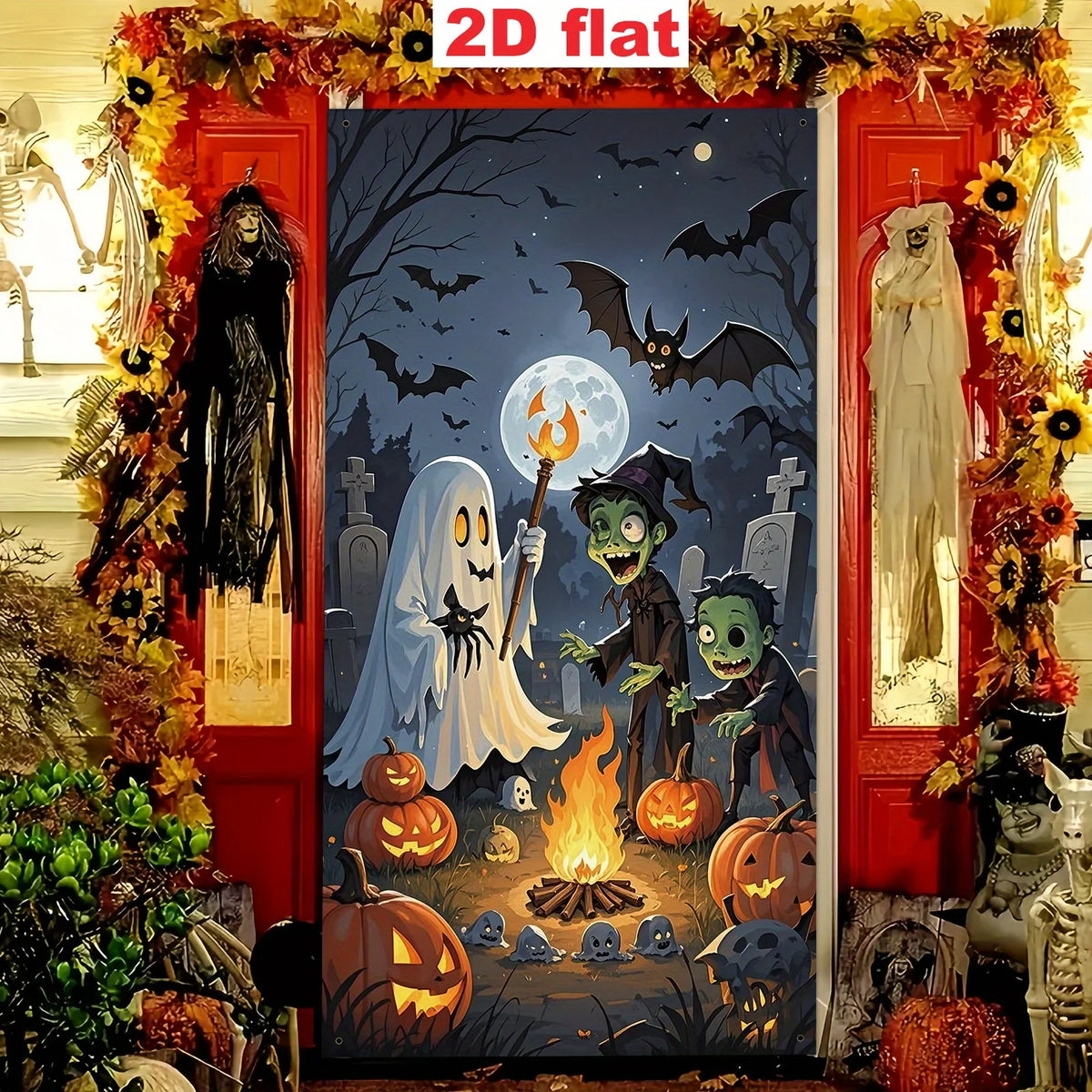 Ghost Campfire Halloween Banner on a red doorway surrounded by autumn garland and skeleton decorations