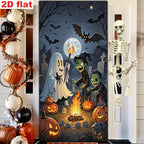 Ghost Campfire Halloween Banner displayed beside a hanging skeleton and a pumpkin garland