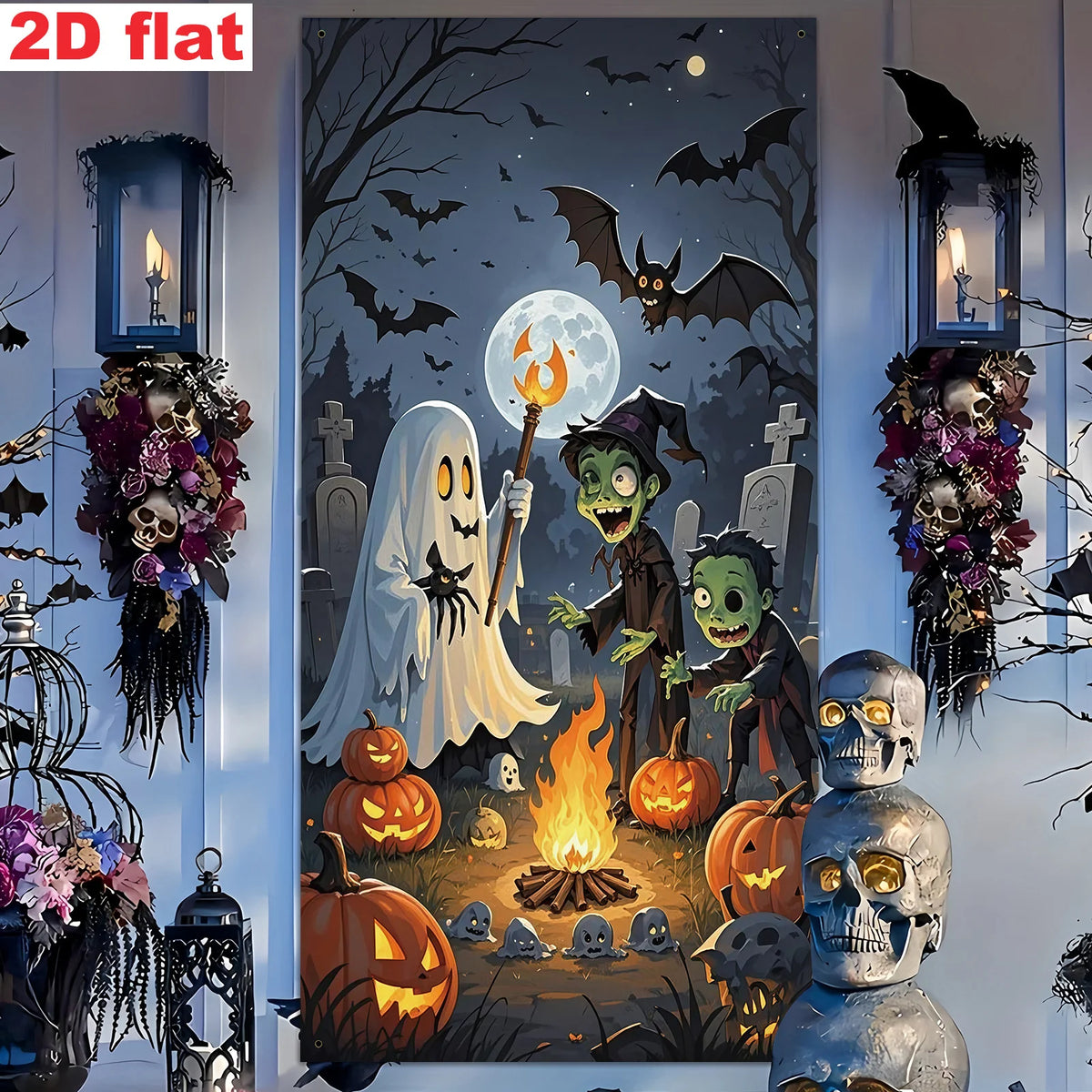 Ghost Campfire Halloween Banner displayed with skull decorations, dark flowers and lanterns