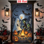 Halloween campfire banner on a doorway framed by white brick, black bat decorations and lanterns